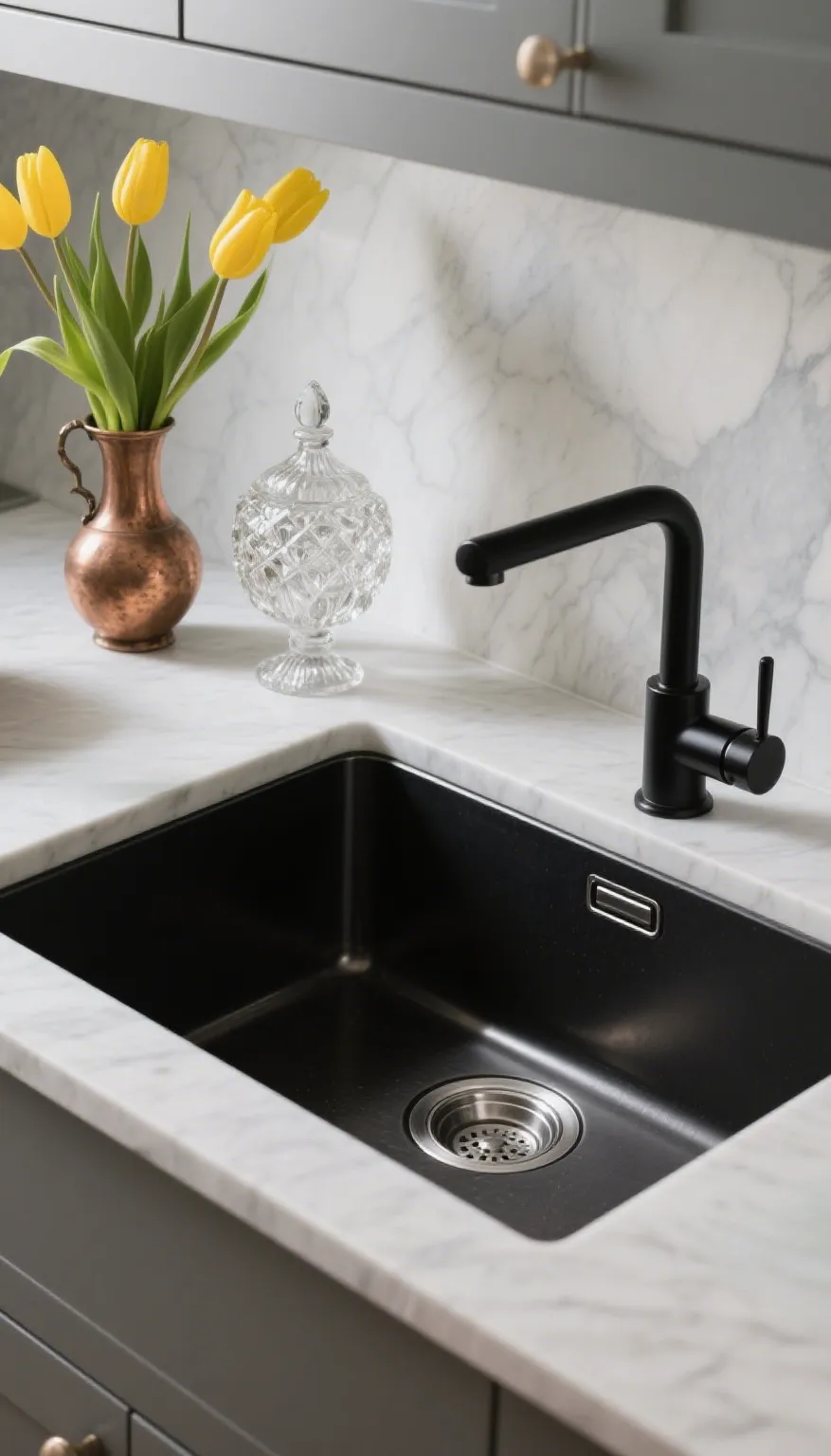 Modern kitchen with rectangular stainless steel sink embedded in white countertop with wooden cabinets below, silver faucet, and kitchen items including plates and bottles